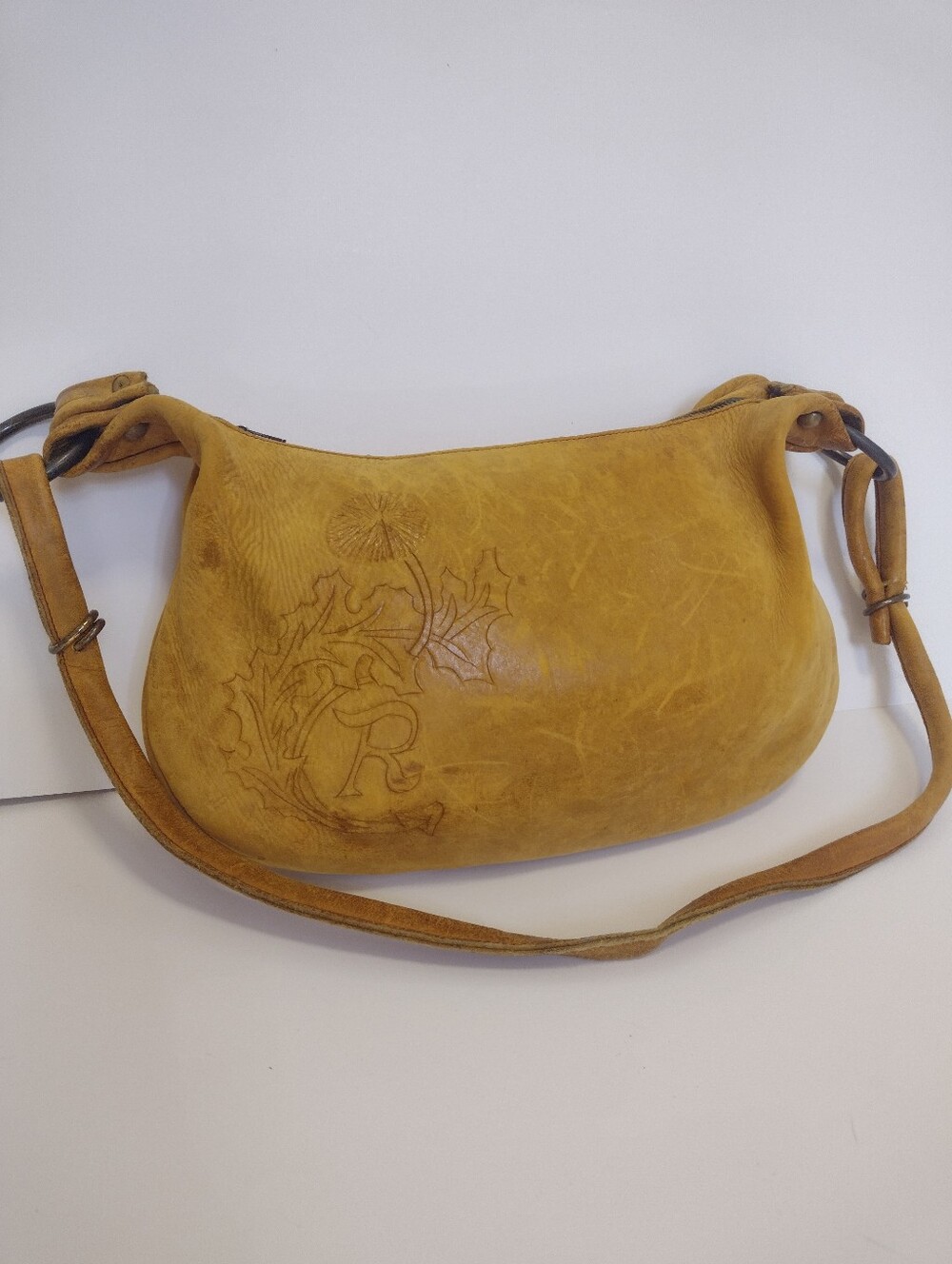 VTG 70s Handmade Leather Shoulder Bag Floral Tooled R Monogram Distressed